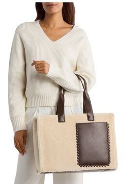 BCBG Whipstitch Faux Shearling Tote Bag Cream Chocolate Large Shoulder Tote NWT